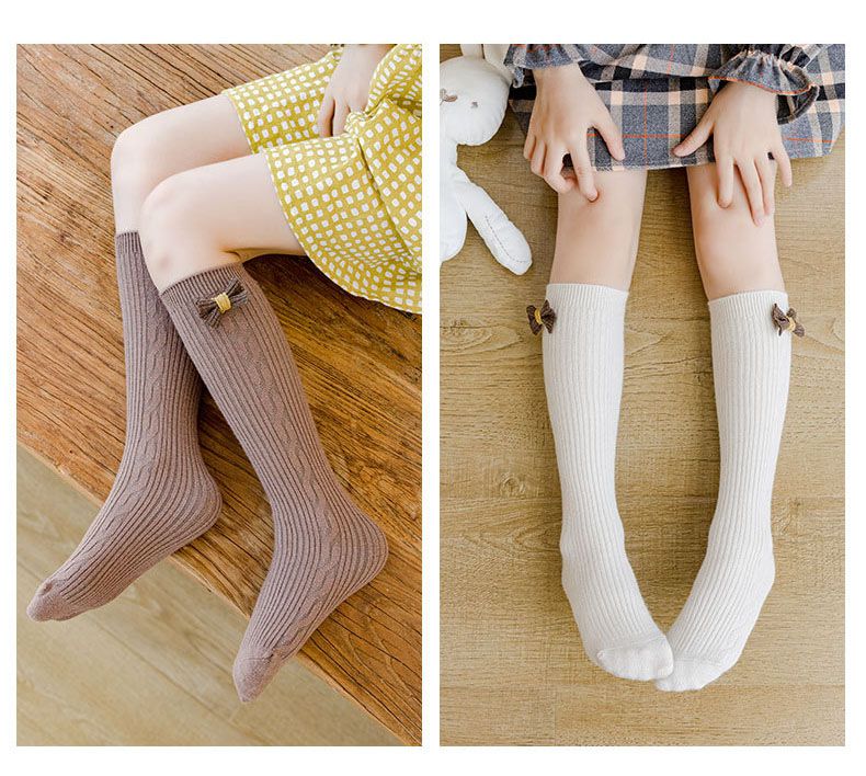 兒童麻花蝴蝶結中筒襪-灰色 (ONE SIZE (建議腳長16-21cm))