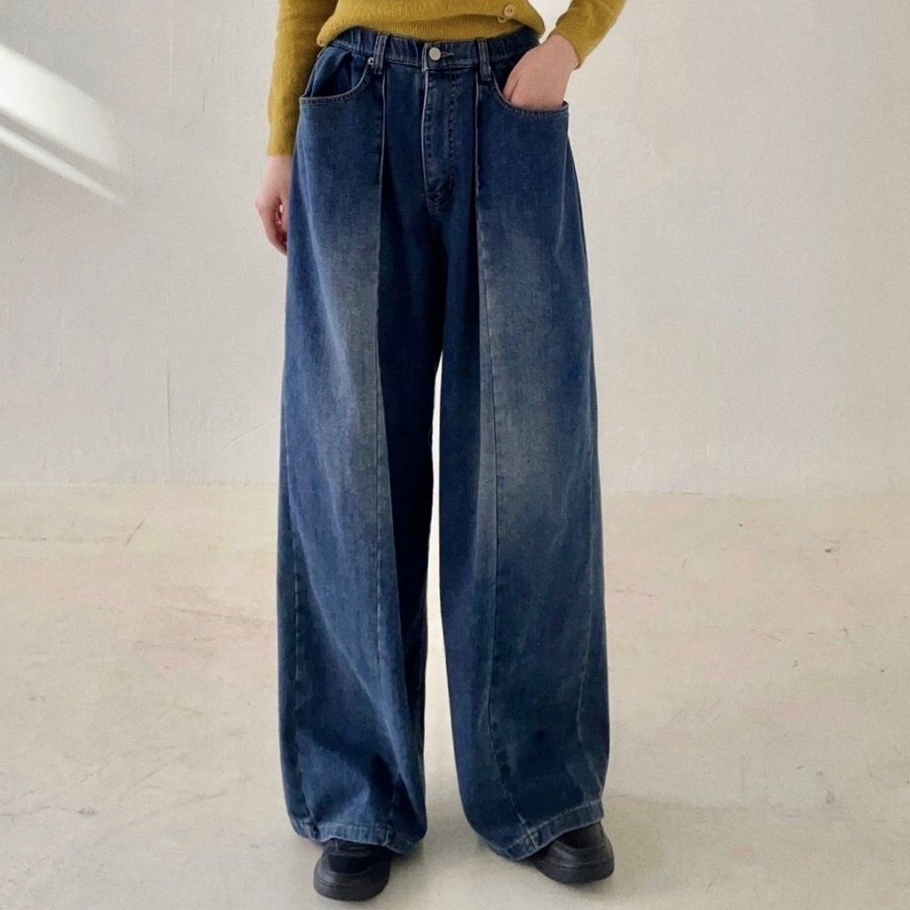 Howluk (內磨毛)鬆緊腰率性造型抓褶丹寧寬褲