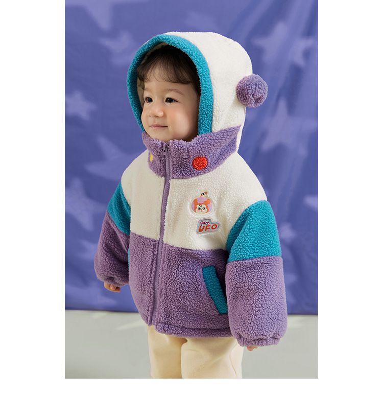 立體造型撞色羊羔絨連帽外套-UFO專員-藍色