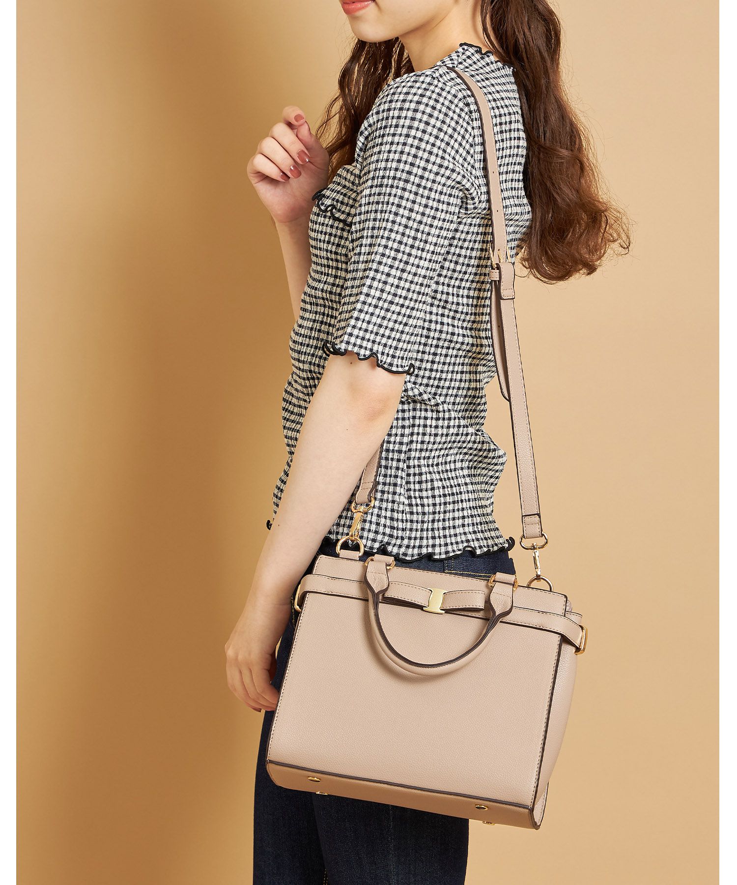 日本 tocco-closet - 蝴蝶結金釦手提包/側背包-氣質杏