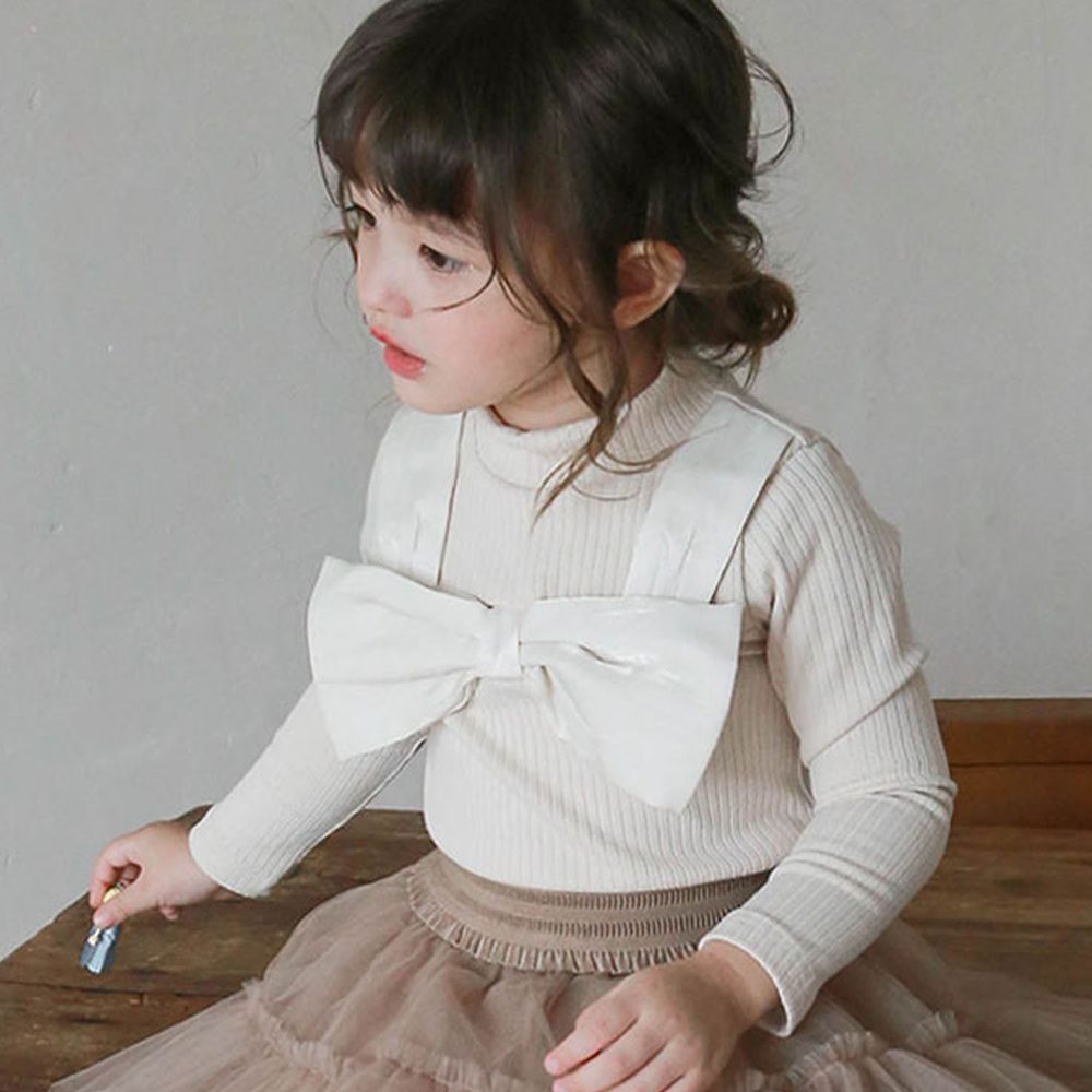 韓國 Puellaflo - 大蝴蝶結裝飾羅紋針織上衣-杏