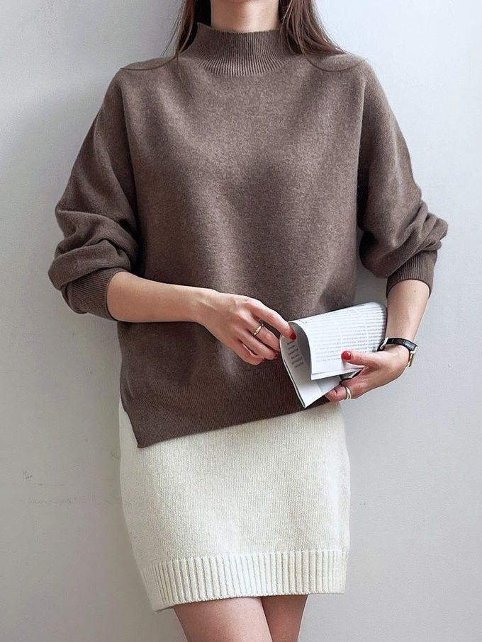 韓國女裝連線 - 斜角側開衩混羊毛針織長袖上衣-可可 (FREE)