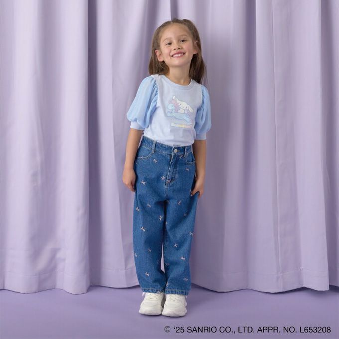 日本 Lycee mine - 閃亮印花雪紡泡泡袖上衣-卡通人物大耳狗-海軍藍