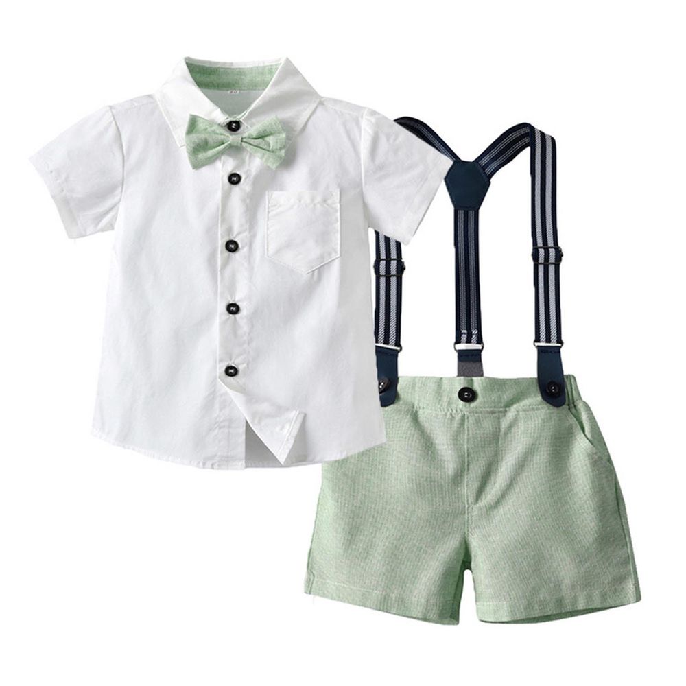 TemDoger - 小紳士短袖襯衫套裝-條紋背帶+蝴蝶結-淺綠色
