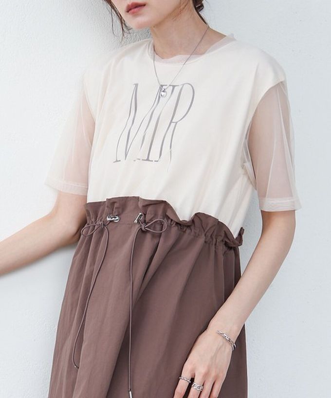 日本 Bab - 拼接層次感抽繩薄紗短袖洋裝-灰x黑