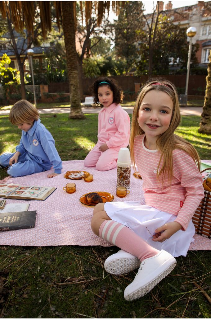 韓國 OZKIZ - 櫻桃點綴條紋長袖上衣-粉X白