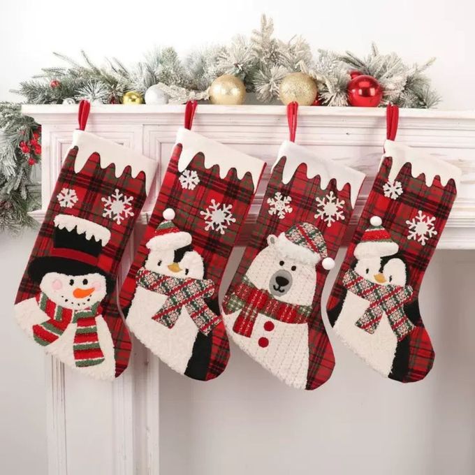 聖誕裝飾品聖誕襪經典紅綠黑格紋 - 北極熊款 