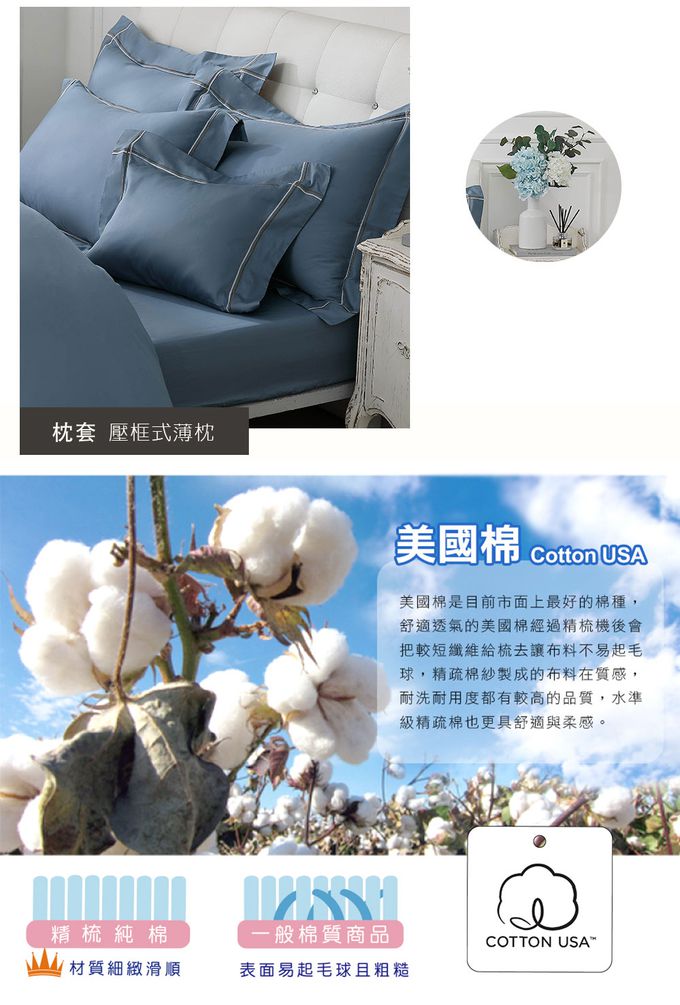 鴻宇 HongYew - 雙人加大床包枕套組 300織美國棉 純色刺繡-迷霧藍