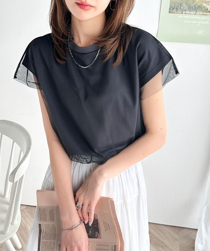 日本 Classical Elf - Java 薄紗分層法式袖上衣-背標籤印花-白