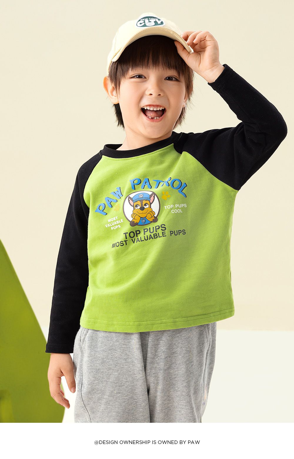 卡通汪汪隊純棉圓領長袖上衣-卡通人物小礫-黃+灰