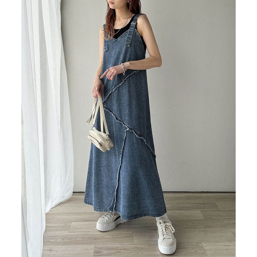 華麗線條流蘇V領牛仔背心裙-藍
