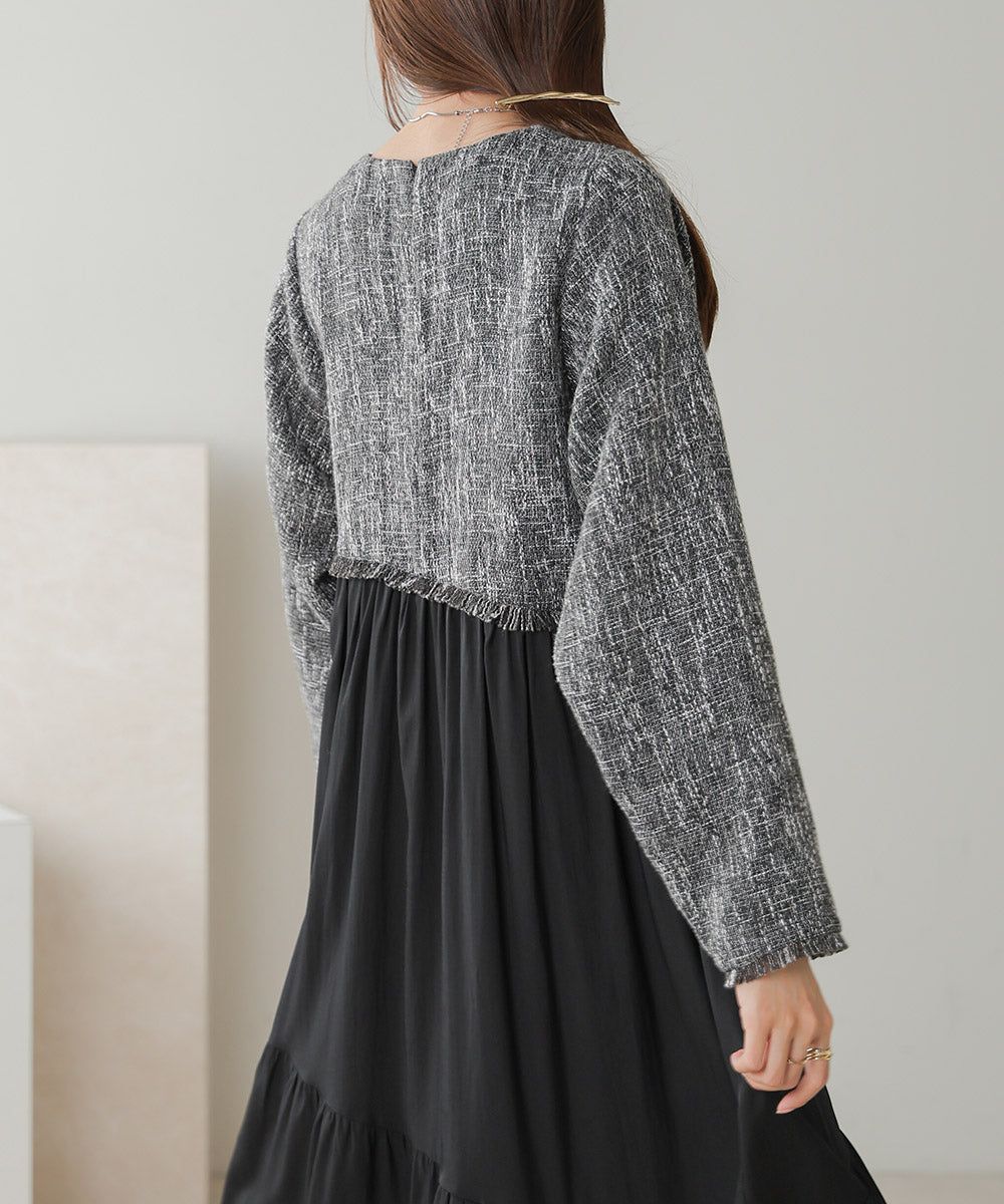 日本 Bab - 仙氣花呢異材質拼接長袖洋裝-黑