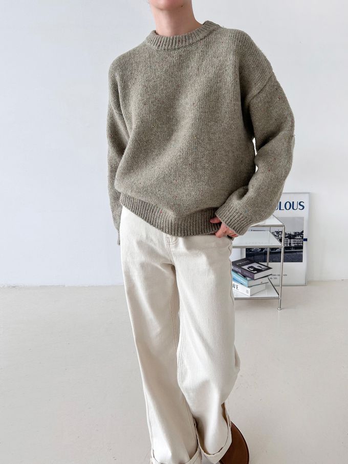 韓國女裝連線 - 日常簡約混紡長袖針織上衣-灰綠 (FREE)