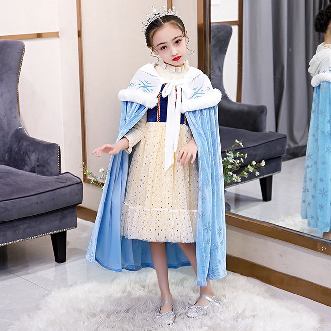 冰雪女王保暖印花斗篷-淺藍色毛領