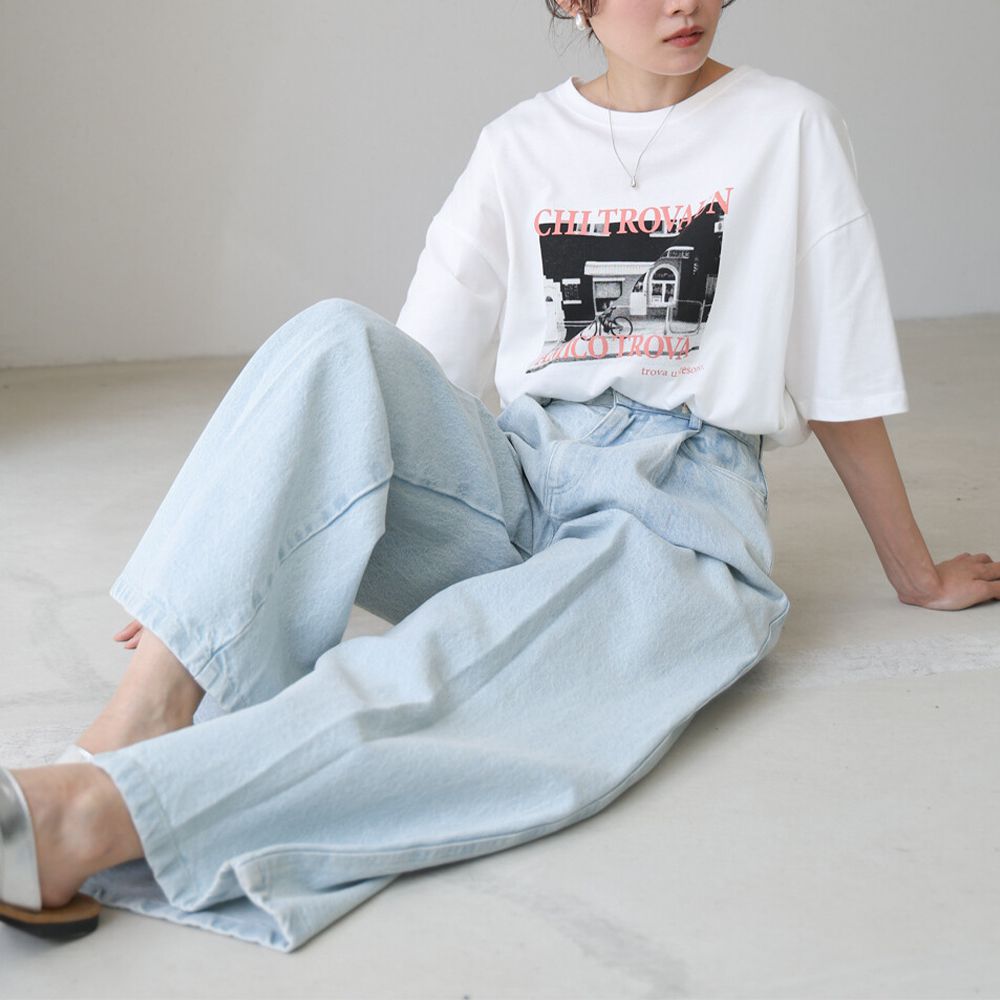 100%棉 極簡照片印花五分袖上衣-白底粉紅字 (M)