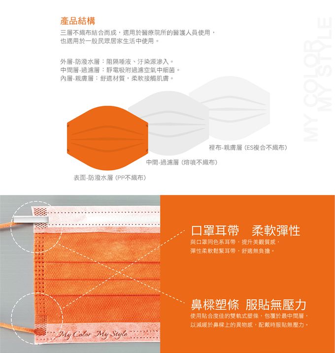 CSD中衛 - 醫療口罩-成人平面-柑橘橙 (50片/盒)