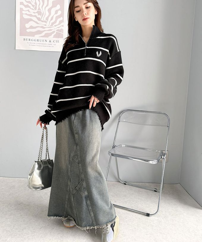 日本 Classical Elf - 半拉鍊寬版不修邊條紋針織上衣-灰