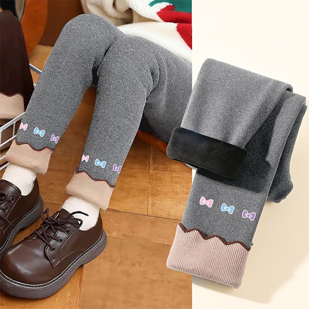 加絨保暖反摺蝴蝶結內搭褲-卡通人物Hello Kitty-淺灰