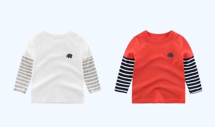 純棉長袖上衣-條紋簡約大象-白色