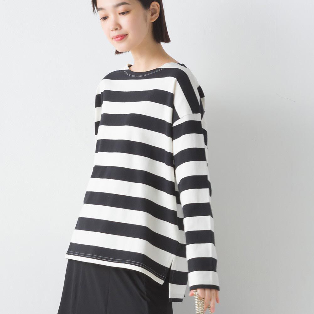 日本 OMNES - [定番]純棉厚磅條紋長袖上衣-黑白粗體