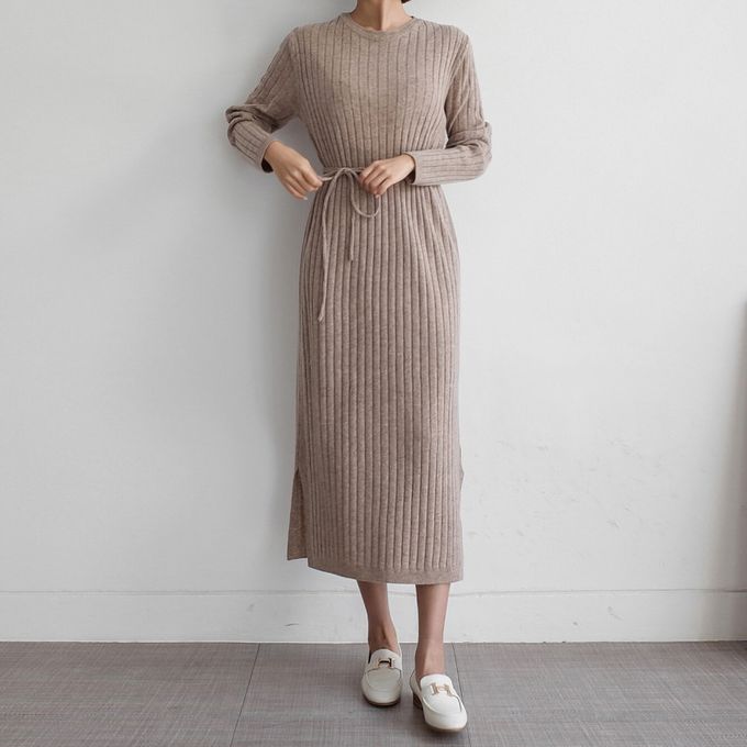 韓國女裝連線 - 喀什米爾羊毛針織連身洋裝-摩卡 (FREE)