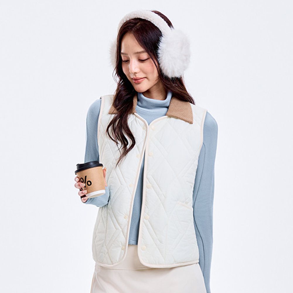 輕暖 2WAY可拆式翻領 羊毛鋪棉絎縫背心-男女同款-米白