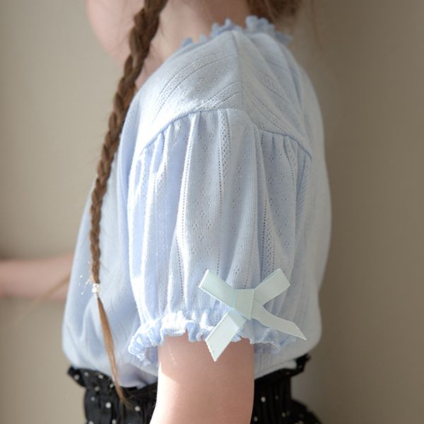 日本 Lycee mine - 可愛緹花泡泡短袖上衣-水藍