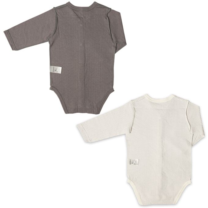 akachan honpo - 長袖前開包屁衣2件組-蓬鬆棉 木馬&橫紋-咖啡色