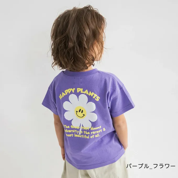 日本 BRANSHES - 天竺棉可愛印花短袖上衣-笑臉花花-紫