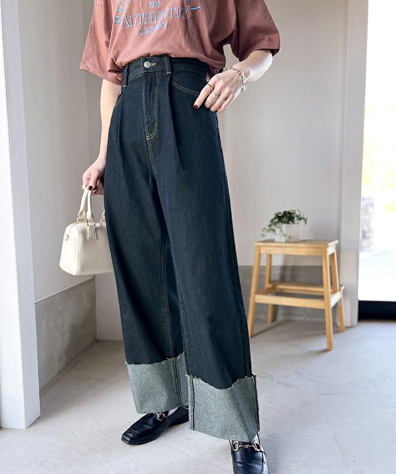 日本 Classical Elf - 美式復古反摺牛仔寬褲-淺水藍