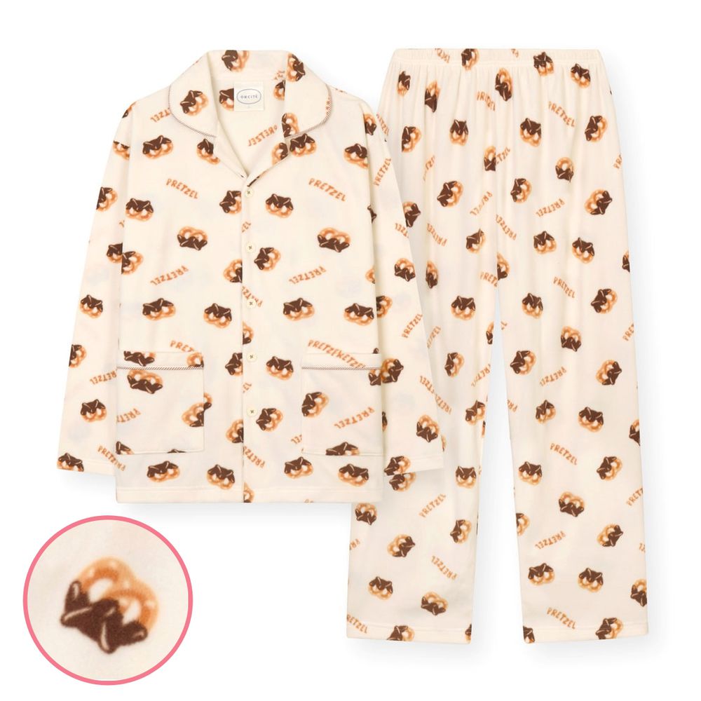 (爸爸)輕柔彈保暖搖粒絨長袖睡衣套裝-蝴蝶餅乾-米