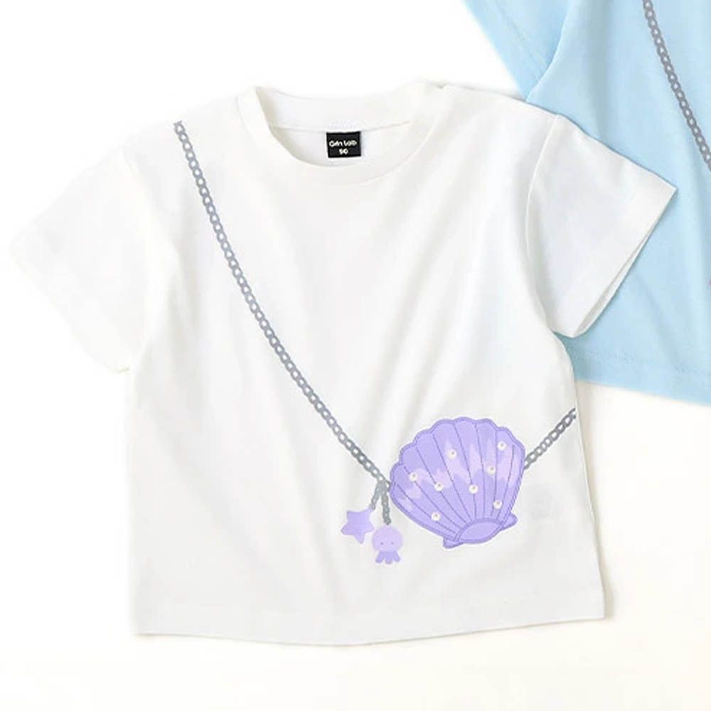 甜美女孩圓領短袖上衣-貝殼包包-白