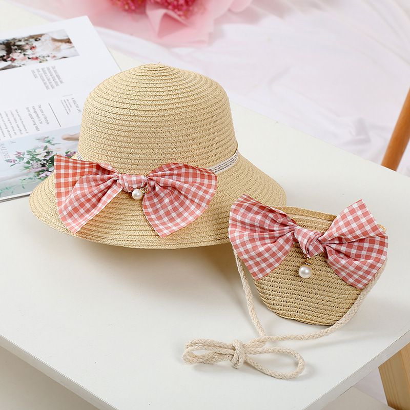 日系沙灘蝴蝶結草帽/遮陽帽-附小背包-卡其色 (建議2-8歲)