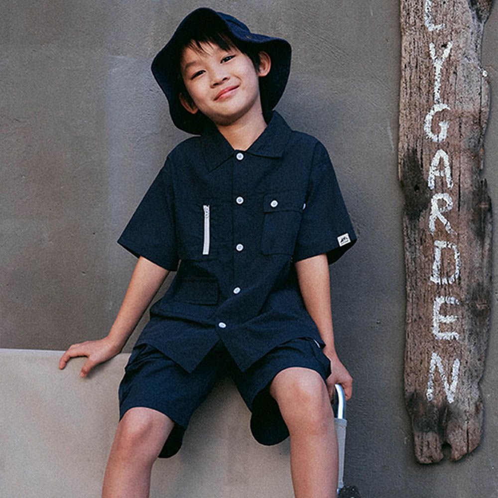 工裝翻領短袖上衣+五分褲兩件式套裝-多口袋-藏青