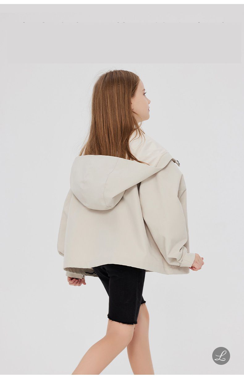 Little Deeyoo - 日系工裝防風連帽風衣外套/衝鋒外套-米白色