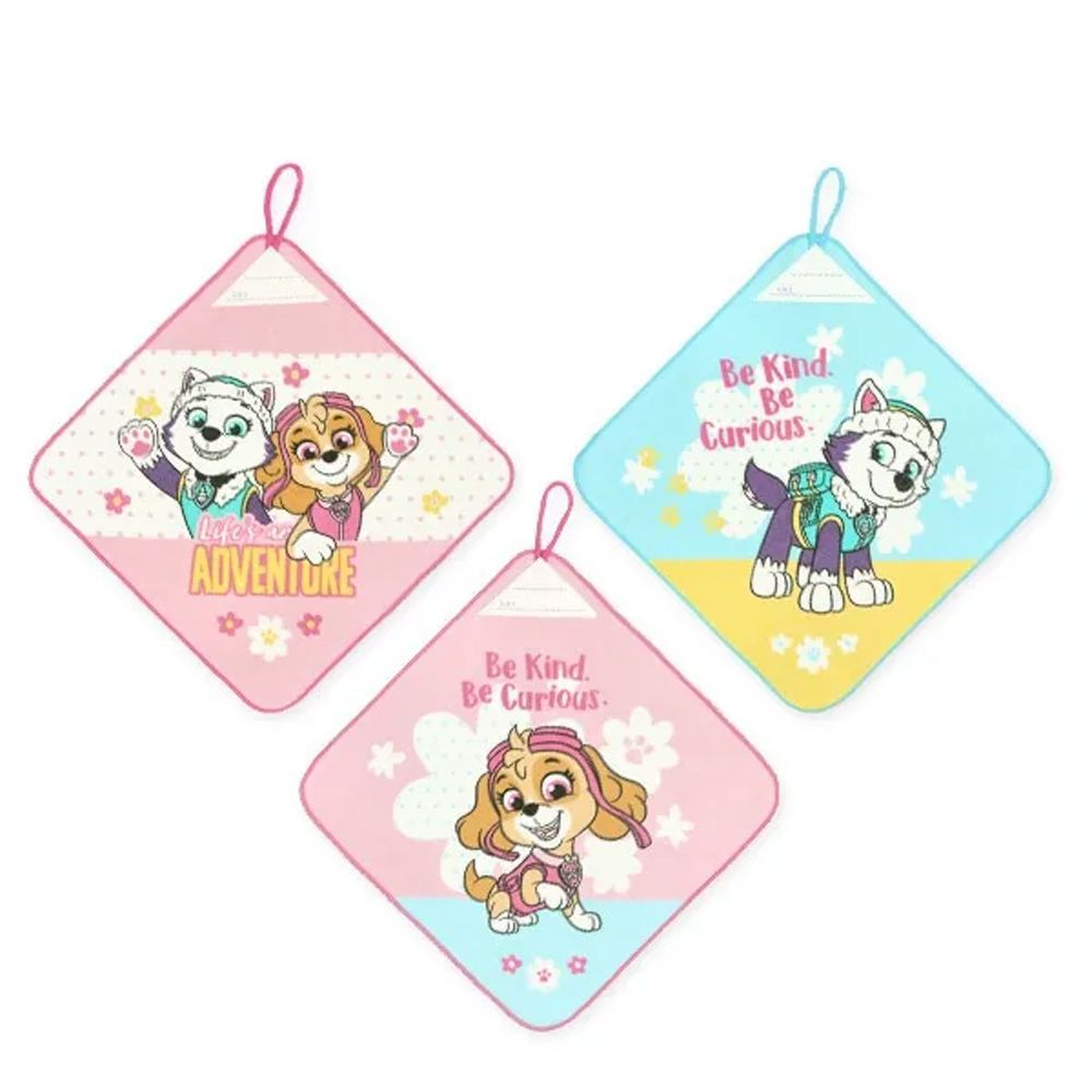 純棉可吊掛上學擦手巾/手帕(3入組)-卡通人物汪汪隊-粉紅 (27×27cm)