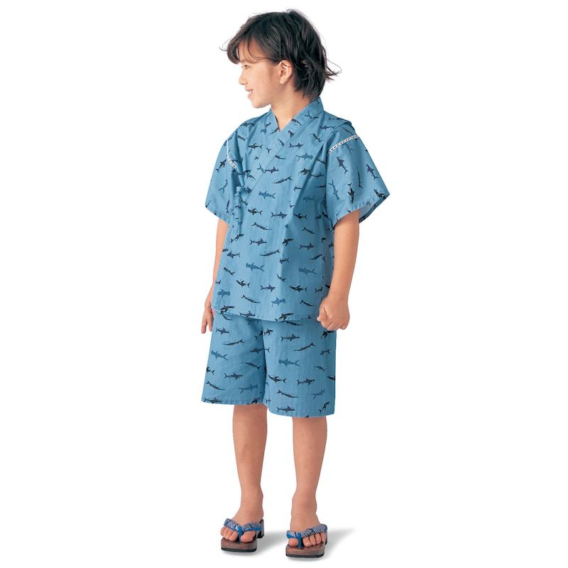 日本千趣會 - GITA 可當短褲2 WAY穿法的夏日甚平-鯊魚-水藍