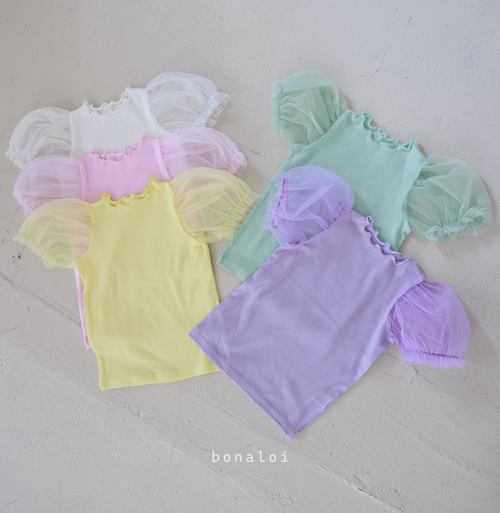 韓國 Bonaloi - 薄紗泡泡袖羅紋T-鵝黃