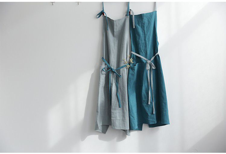 前繫帶雙色棉麻圍裙-灰色