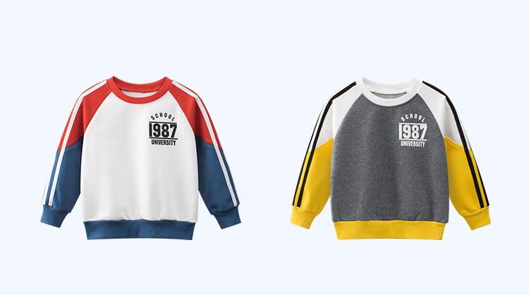 加絨棉混紡長袖大學T-拼色1987-黃白