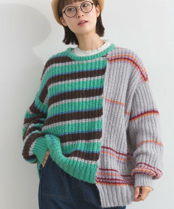 日本 Lupilien - 交錯明亮撞色條紋粗編毛衣-棕色系