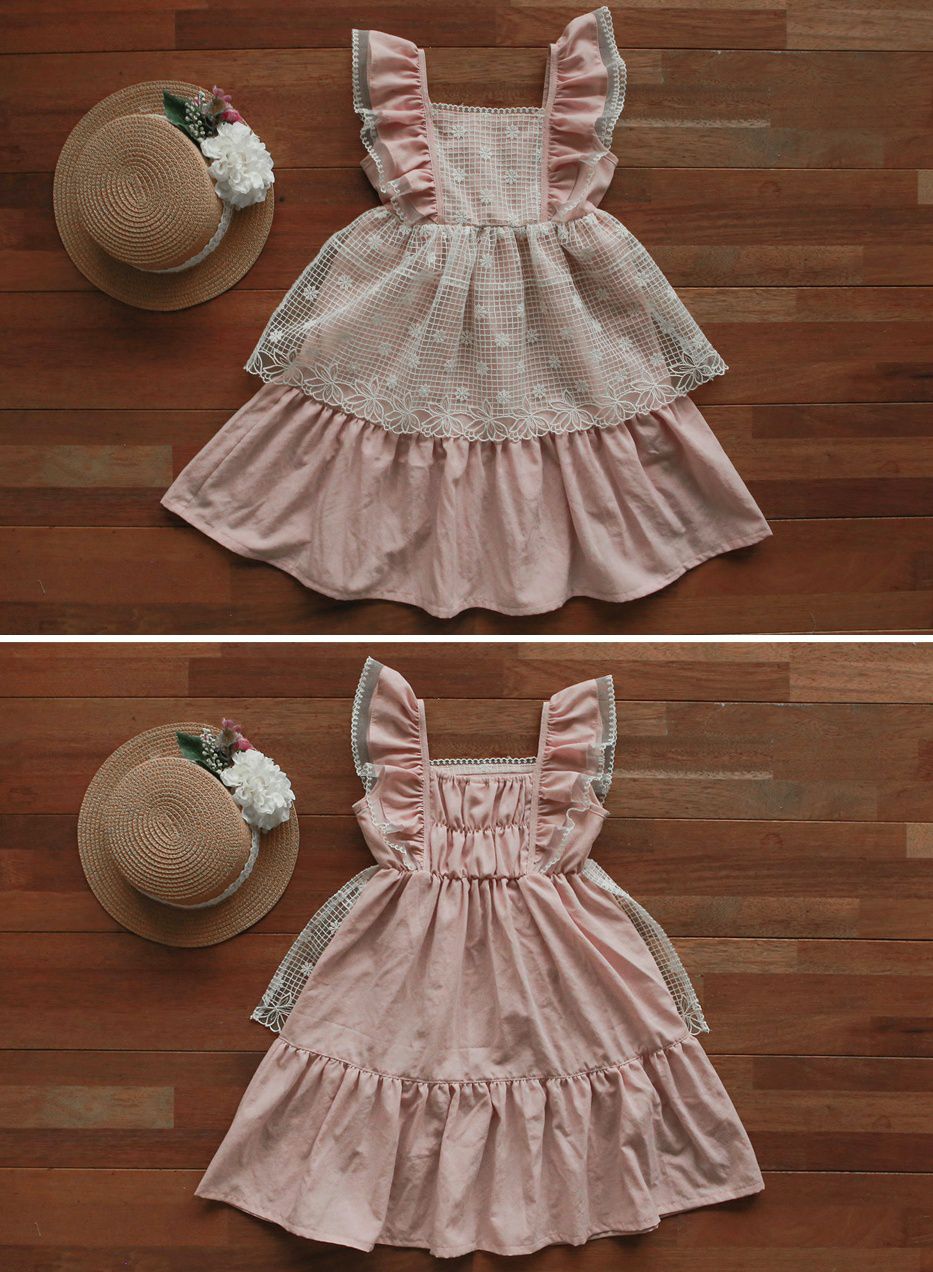 韓國 PuellaFLO - 假兩件格子花朵圍裙洋裝-粉紅