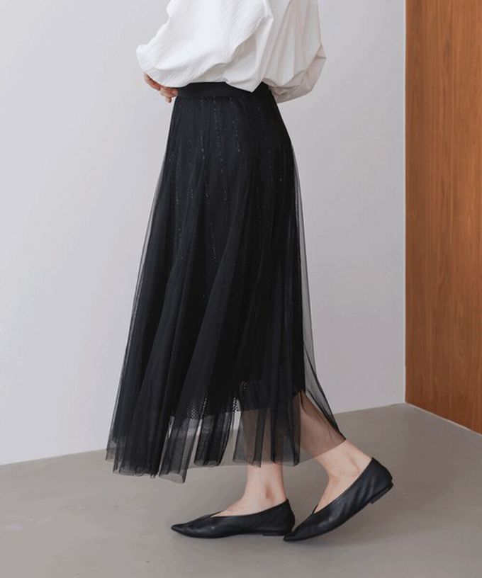 日本 Bab - 華麗優雅層次緹花鬆緊紗裙-質感黑