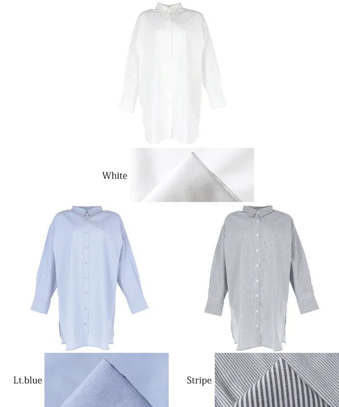 日本 COCA - 簡約落肩翻領長袖襯衫-條紋-水藍