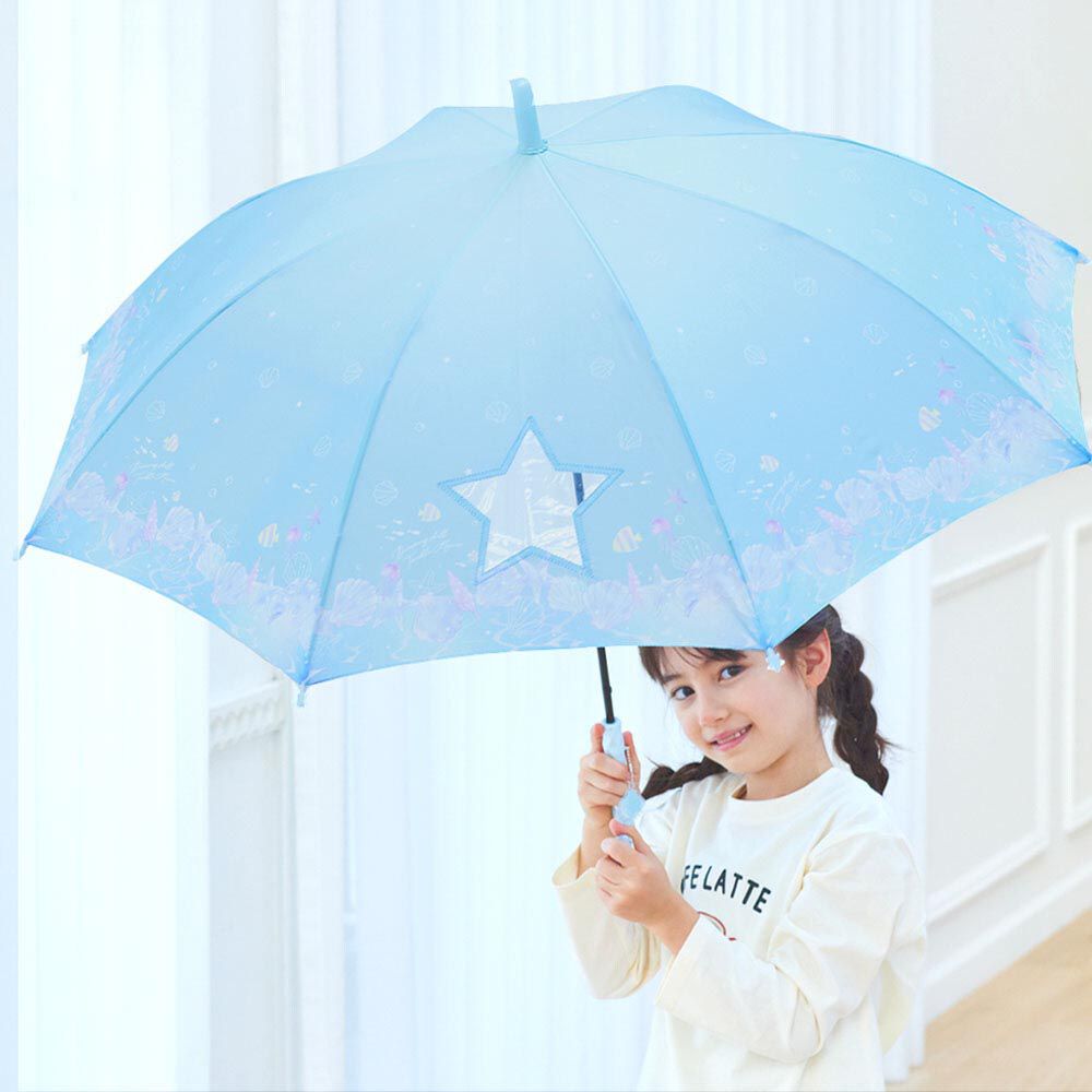 日本中谷 - 透明窗設計兒童雨傘/直傘-夢幻海洋-水藍 (55cm(身高130cm以上))