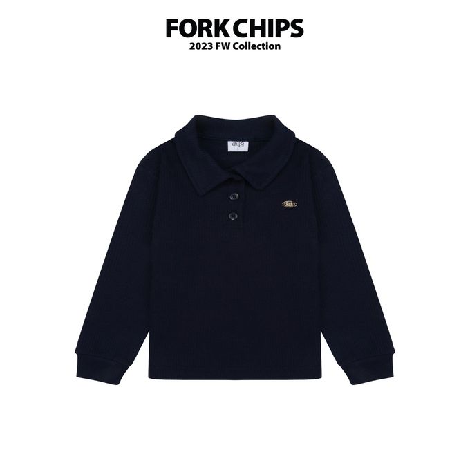 韓國 FORK CHIPS - 金屬裝飾直坑條翻領長袖上衣-深藍