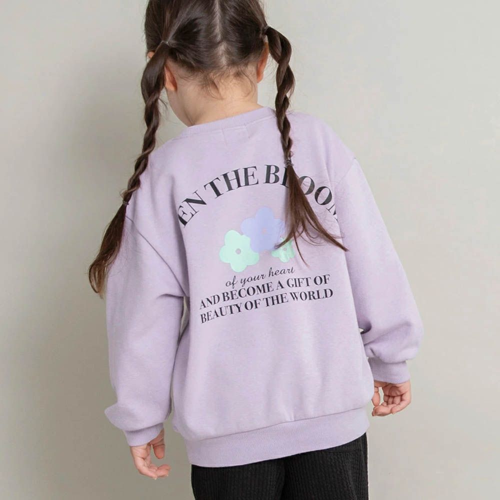 可愛女孩印花縮口長袖上衣-花朵-紫