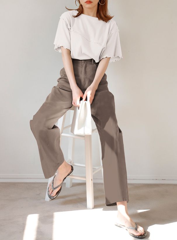 日本 GRL - 羅紋木耳邊短袖上衣-莫蘭迪綠