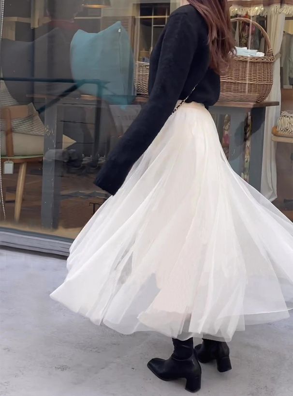 日本 GRL - 飄逸顯瘦雙層傘紗裙-灰摩卡 (M)