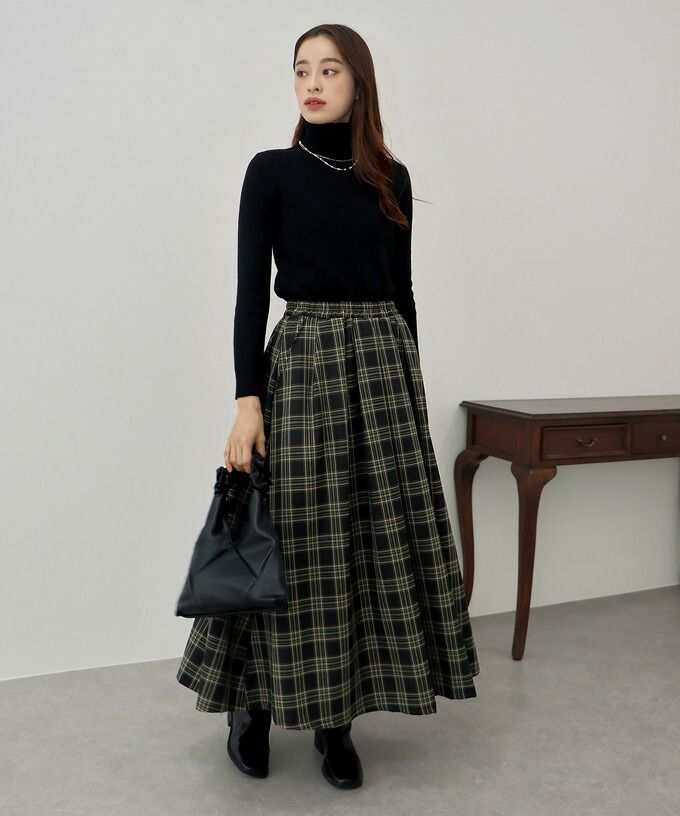 日本 BLUE EAST - 文藝細緻格紋顯瘦長裙-綠黃黑